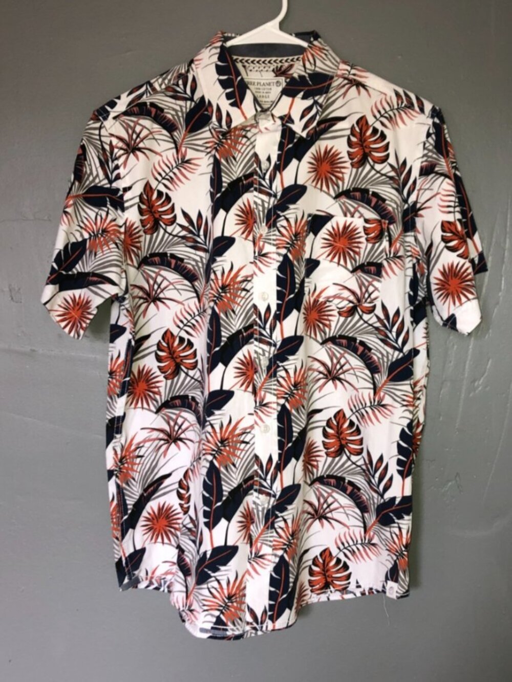 Mens Free Planet Button Up Short Sleeve Hawaiian Shirt Beach Palm Trees - Large
